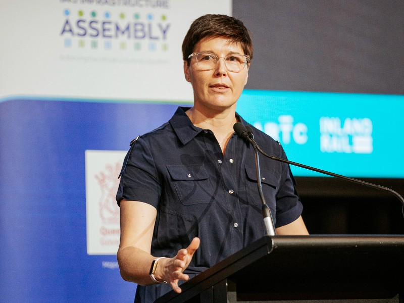 Inland Rail Interim Chief Executive, Rebecca Pickering, speaking at the IAQ 2022 conference.