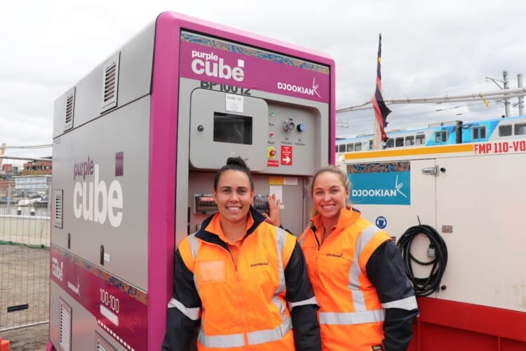 Kirby Bentley and Leah Kaslar on site at Mordialloc with the Purple Cube