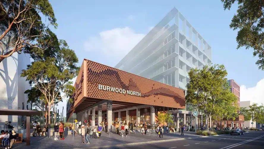 A render of the new Burwood North Station. Image: Sydney metro.
